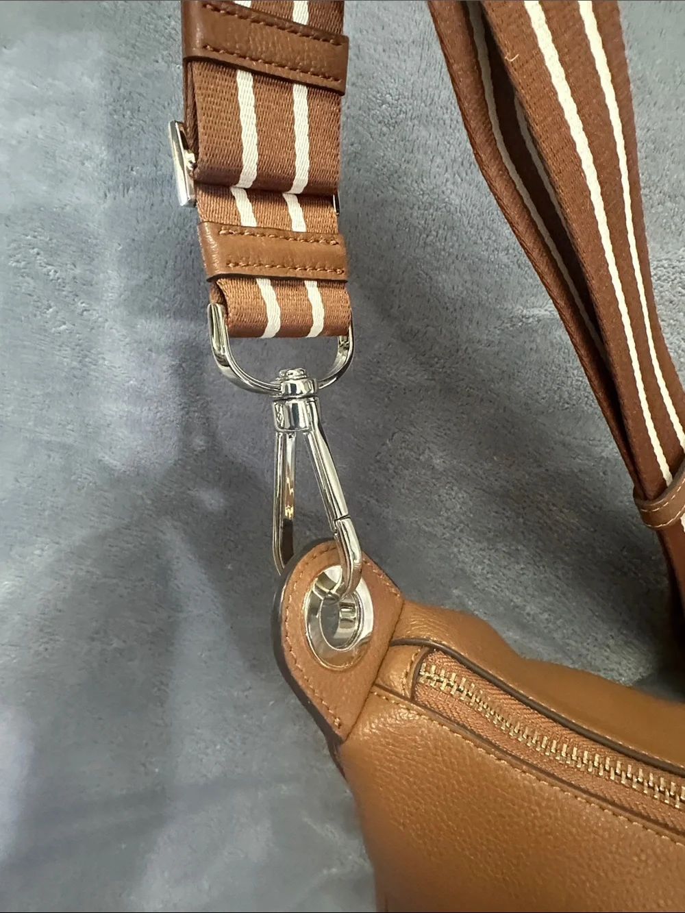 kate spade Brown Pebbled Leather Crossbody with Striped Strap
